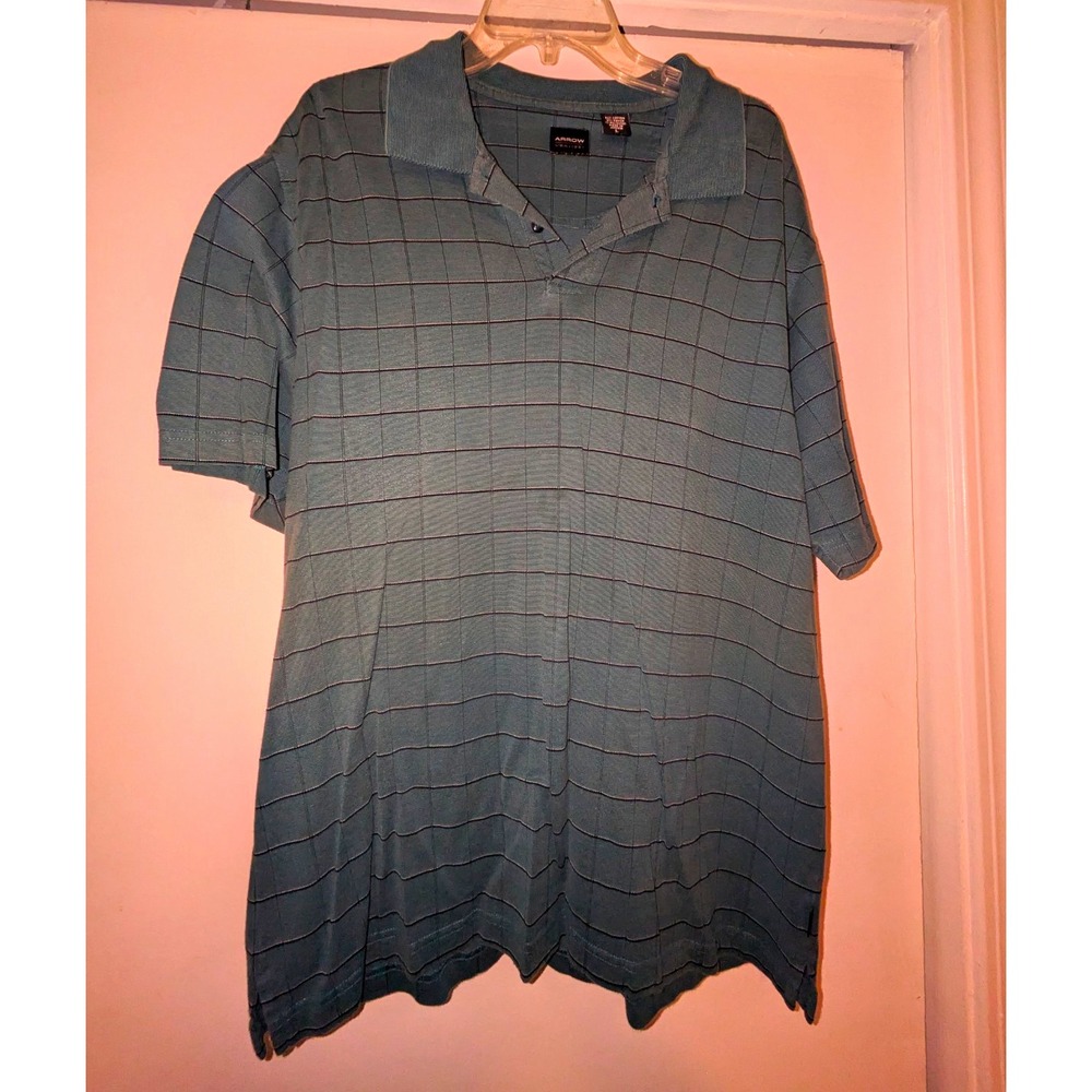 Arrow Men's L Regular Green Check Polo Shirt Short Sleeve Knit Cotton Blend